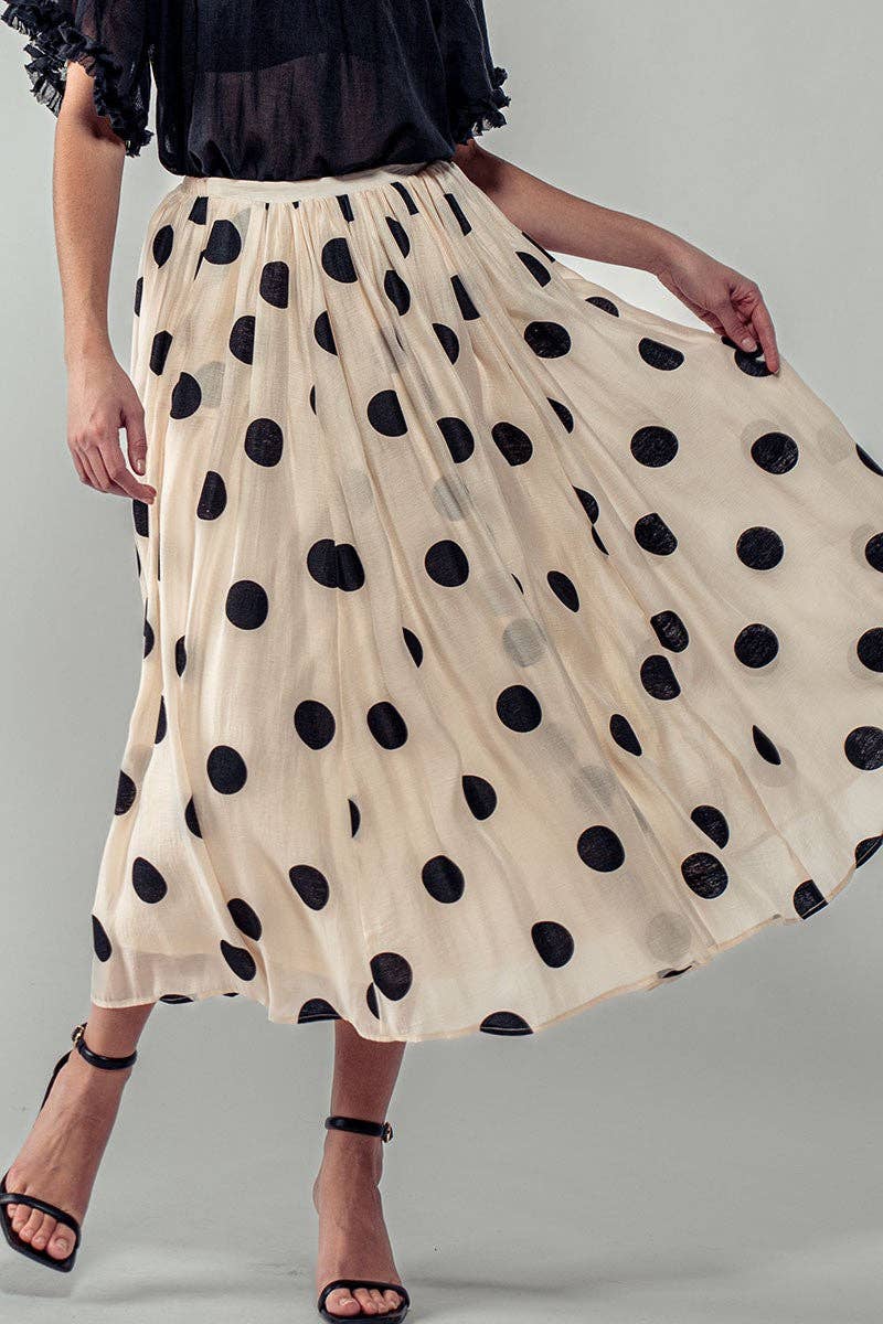 Polka Dot Pleated Midi Skirt w/Flowing Silhouette: CREAM
