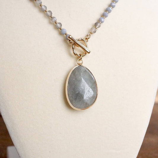 Short Beaded Necklace with Semi-Precious Teardrop Stone Pendant: Gray