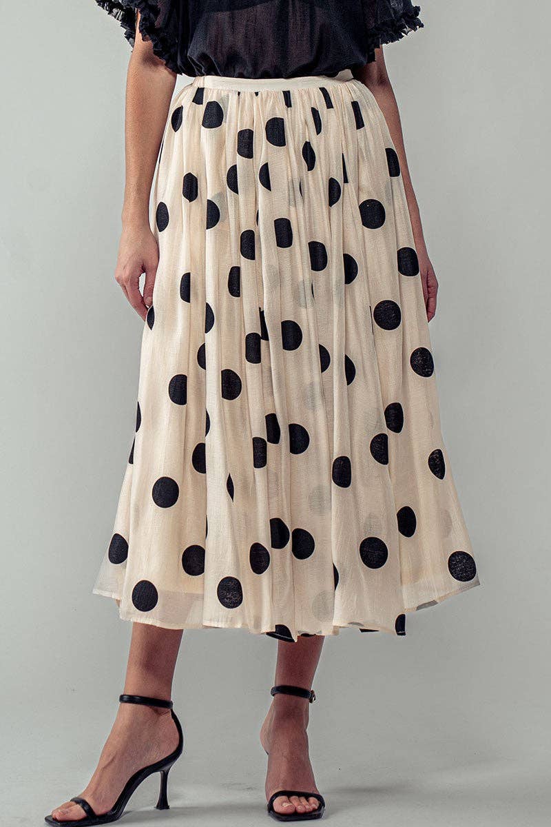 Polka Dot Pleated Midi Skirt w/Flowing Silhouette: CREAM