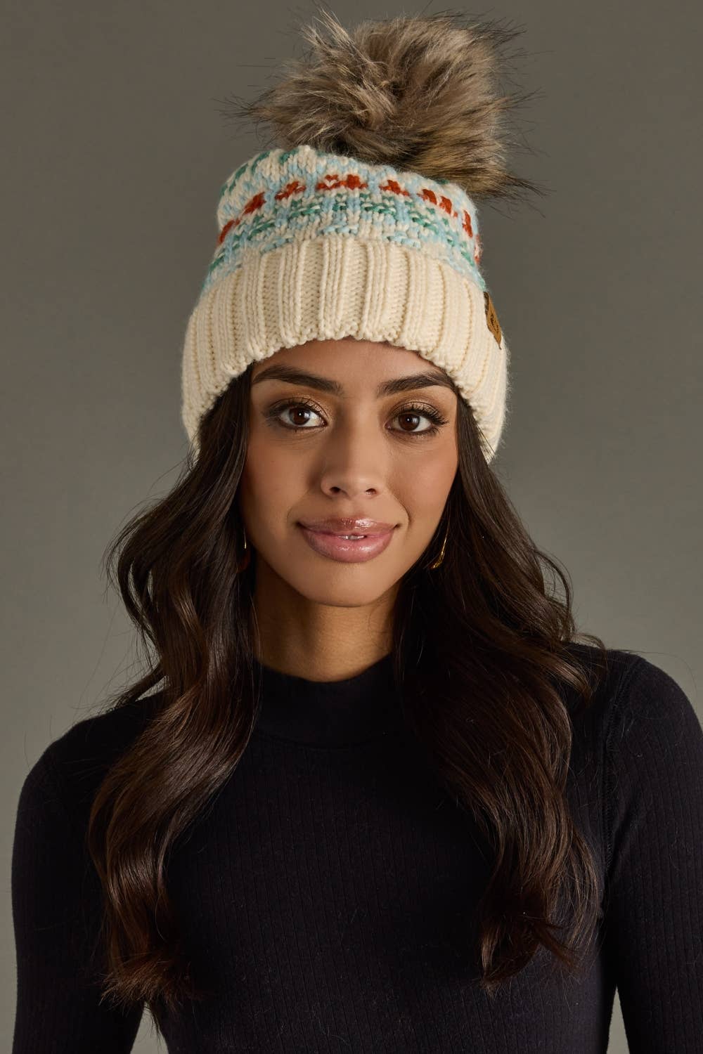 Ivory, Lt. Blue, Mint & Orange Patterned Pom Hat