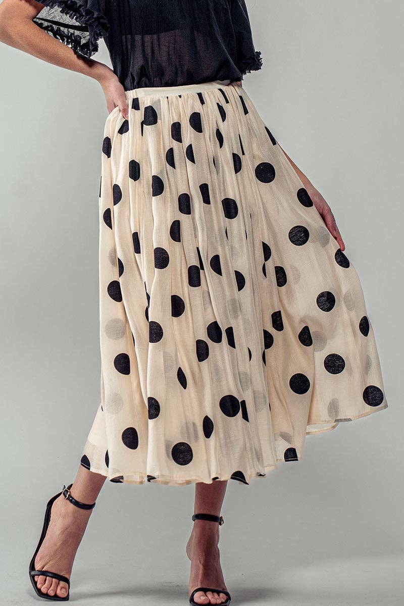 Polka Dot Pleated Midi Skirt w/Flowing Silhouette: CREAM