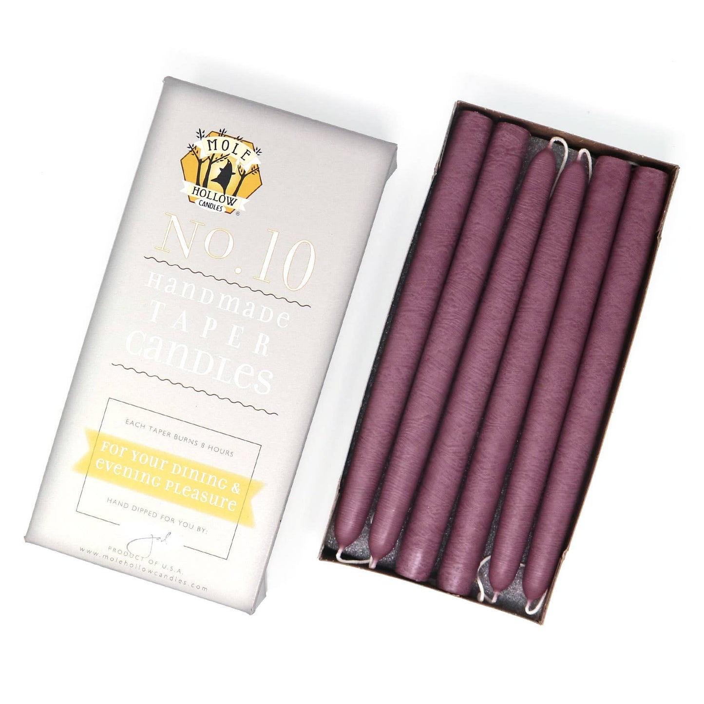 10" Hand Dipped Unscented Taper Candles - 39 Colors USA Made: Mauve
