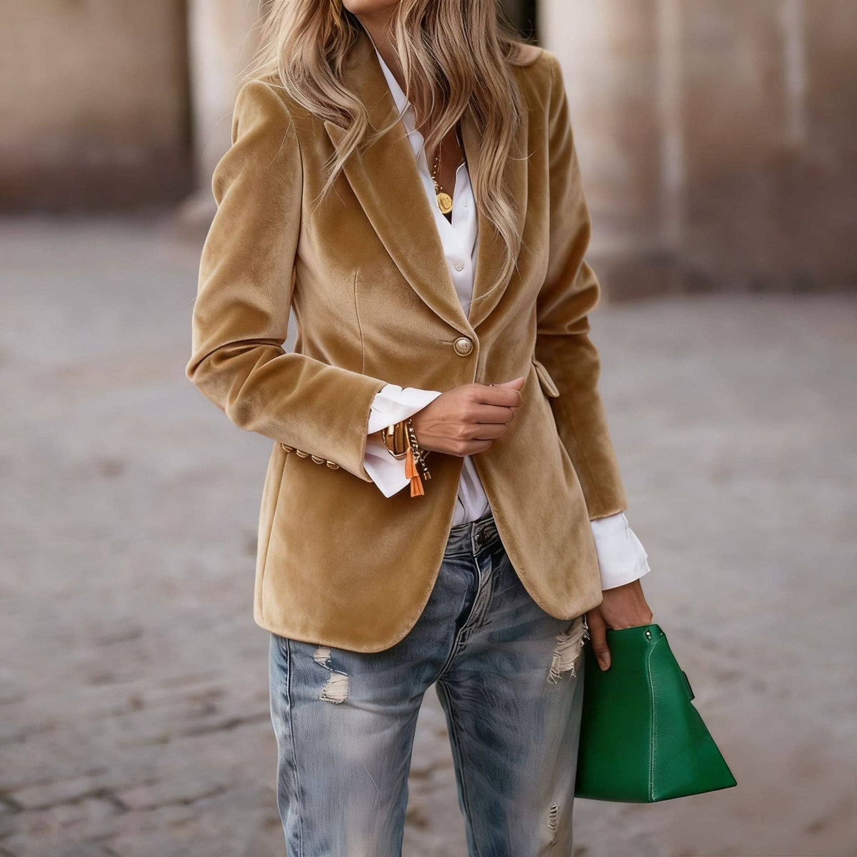 Women's Velvet Blazer One Button Elegant Office Jacket: Brown / S