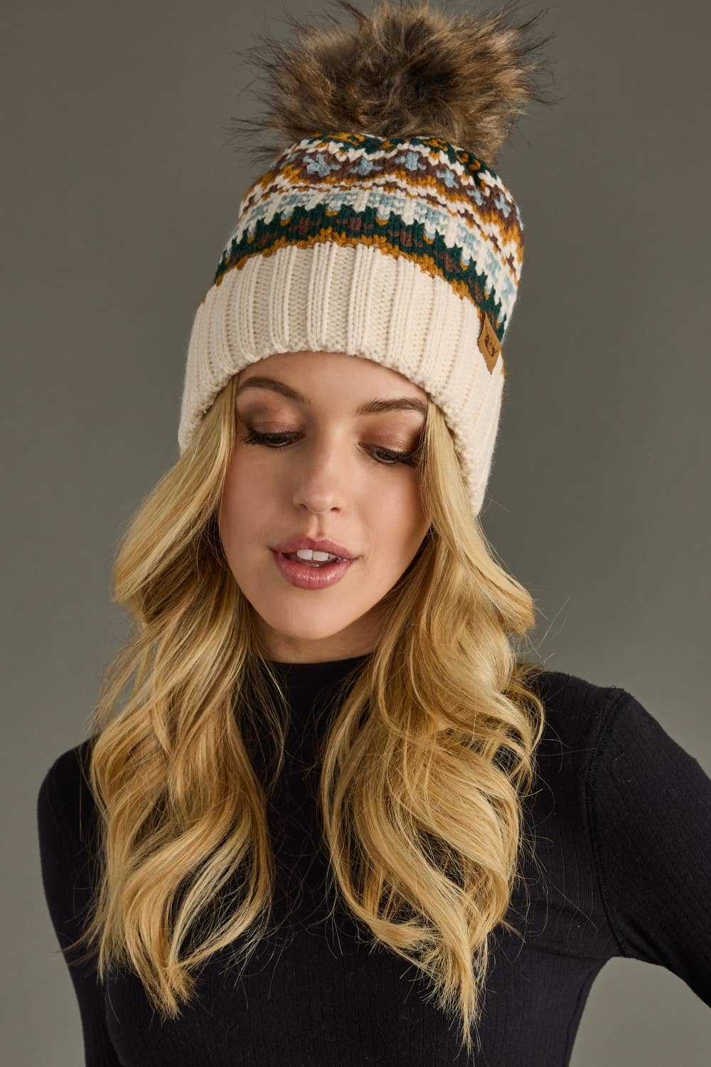 Cream & Multicolored Patterned Pom Hat