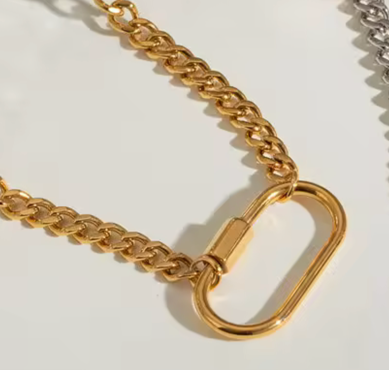 Carabiner  Stainless Steel Necklace Two Tone-opens: Silver