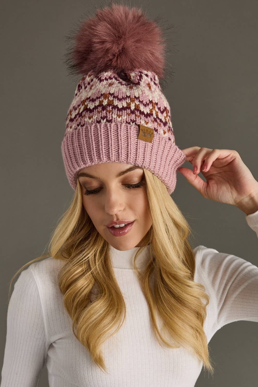 Pink, White & Rust Patterned Pom Hat
