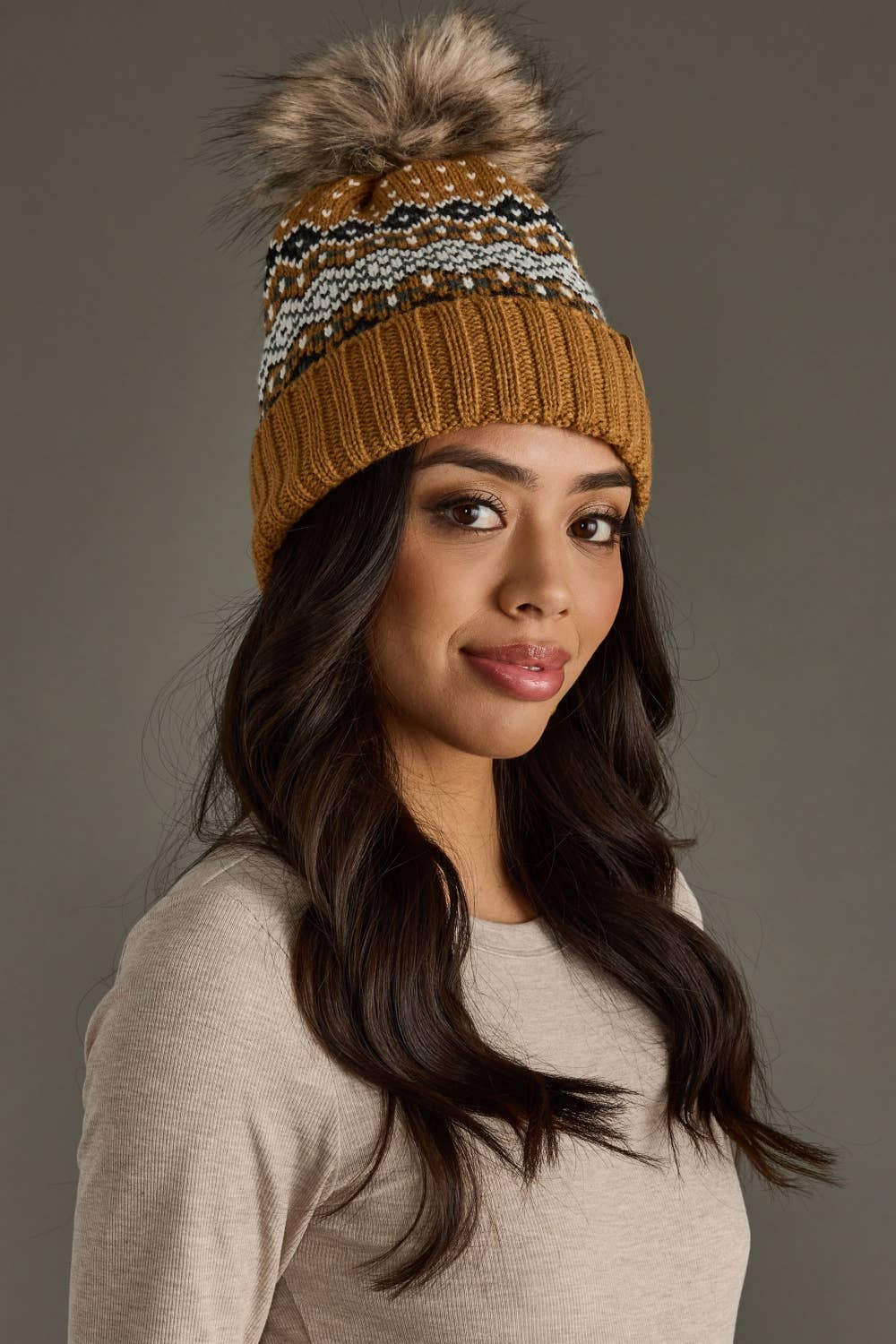 Camel, Black, White & Blue Patterned Pom Hat