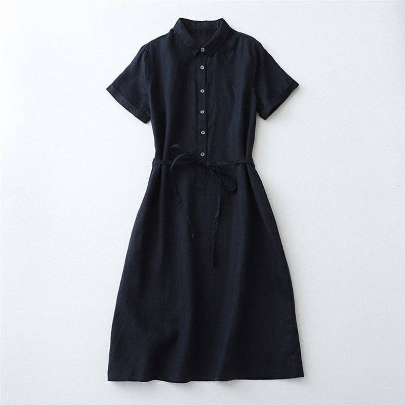 Half-Opening Buckle Waist Frenulum Polo Collar Mid Length Dress: DEEP SKY BLUE / M