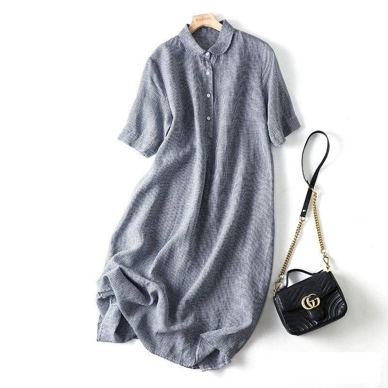 Short Sleeve Lapel A-Line Ramie Cotton Casual Retro Dress: BLACK / L