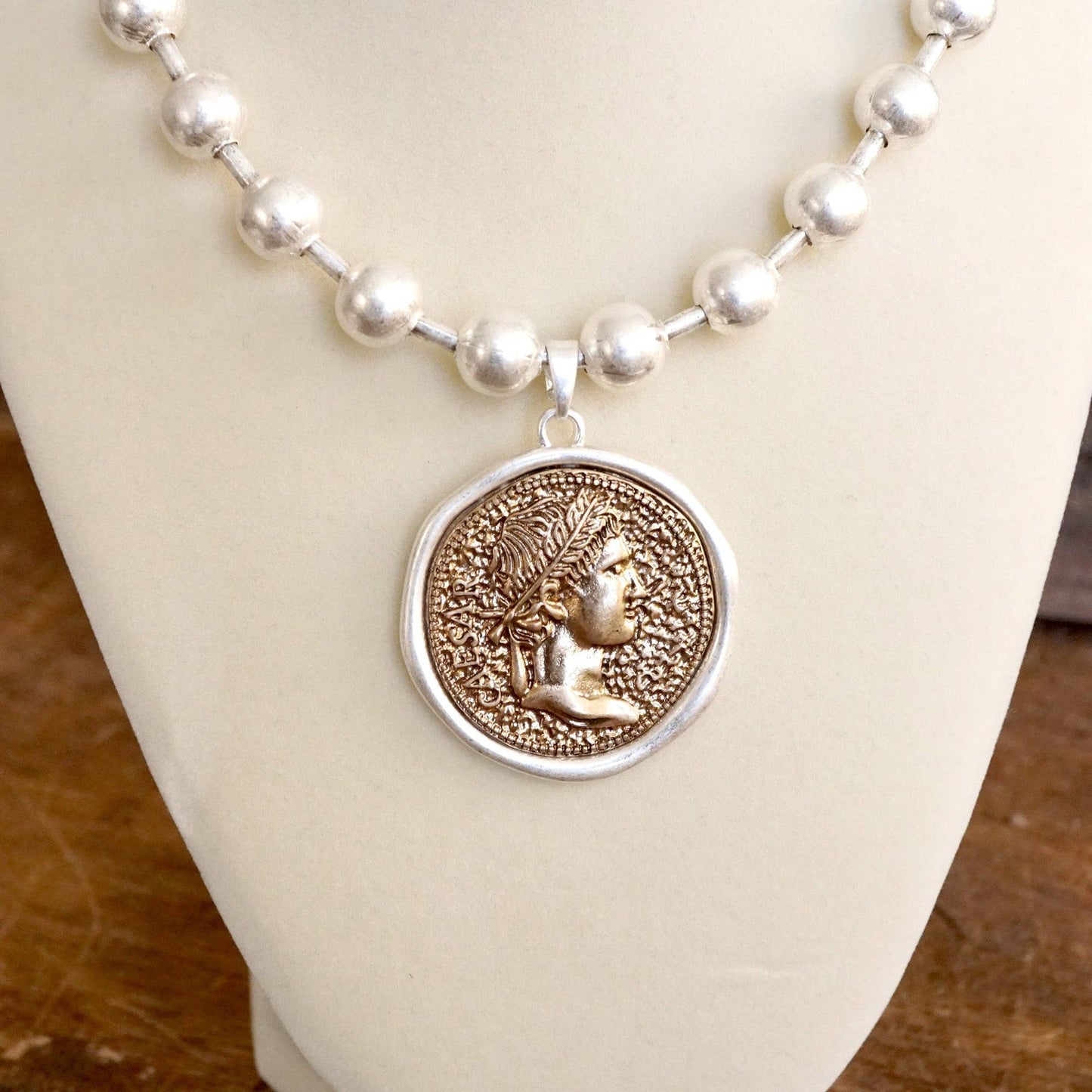 Coin Chunky Ball Chain Statement Necklace – Gold and Silver Tone: Silver