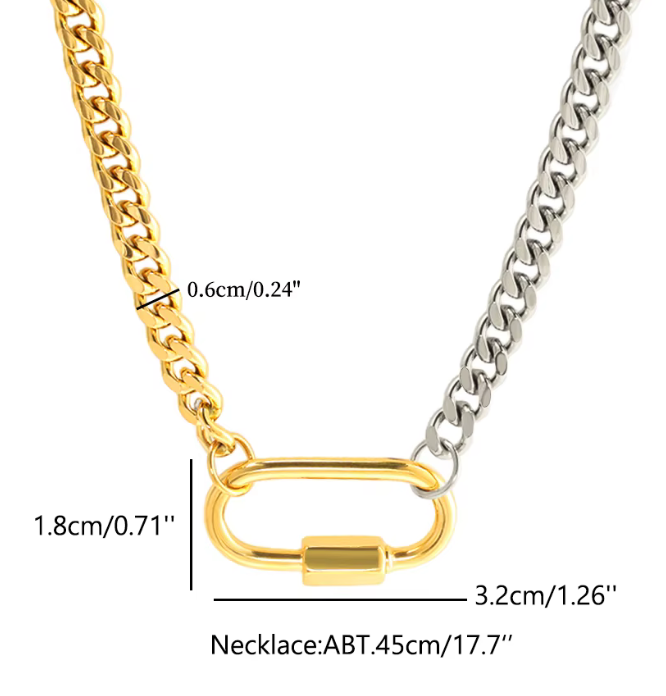 Carabiner  Stainless Steel Necklace Two Tone-opens: Silver