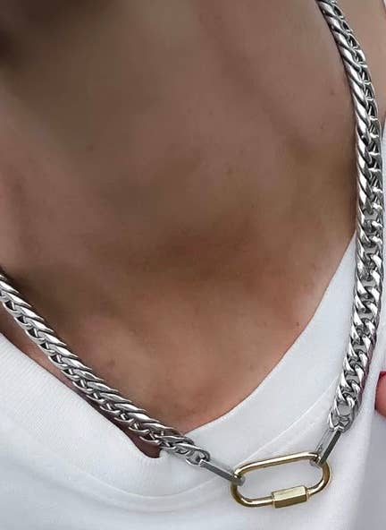 Carabiner  Stainless Steel Necklace Two Tone-opens: Silver