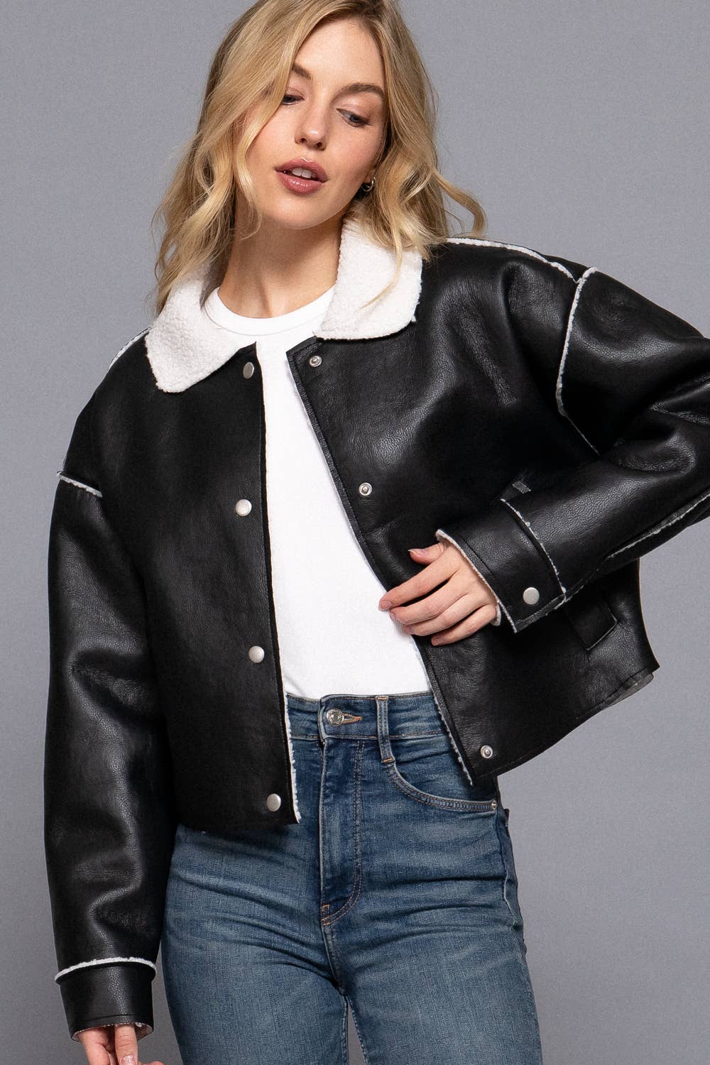 Long Sleeve Faux Leather Inner Fur Jacket: BRN-dark chocolate / L