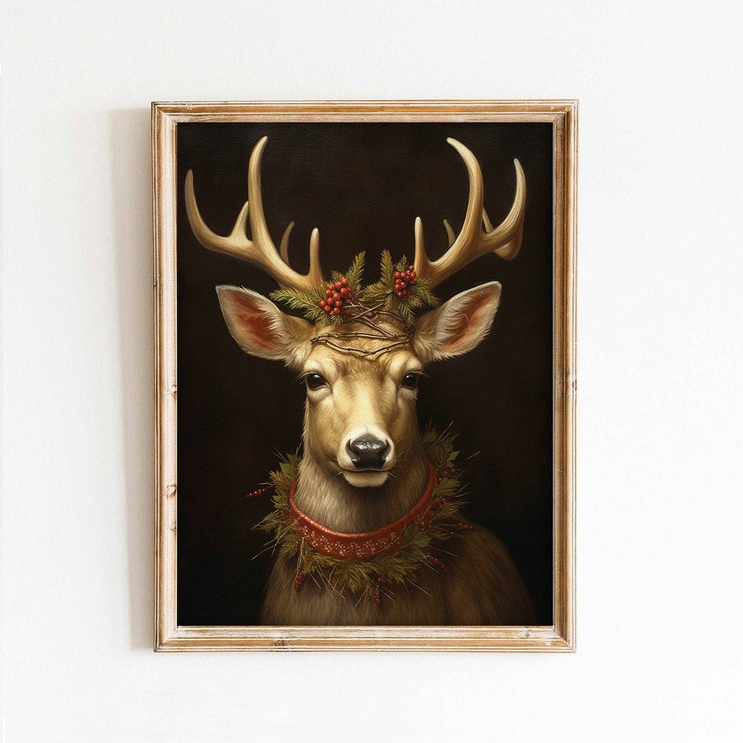 Victorian Christmas Reindeer Portrait on Black Holiday Art Print: 8x10