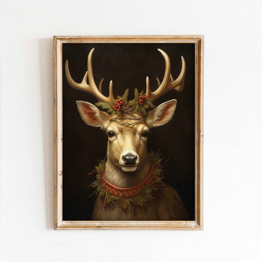 Victorian Christmas Reindeer Portrait on Black Holiday Art Print: 8x10