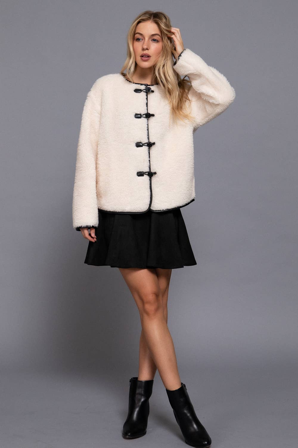L-Long Sleeve Crew Neck with Toggle Look Button Fluffy Jacket: BRN-brown