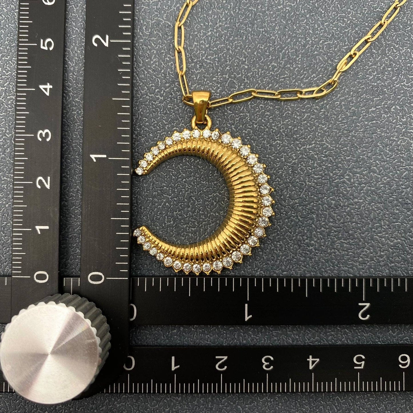 Inlaid CZ Crescent Moon 18K Golden SS Necklace - FGS/MS