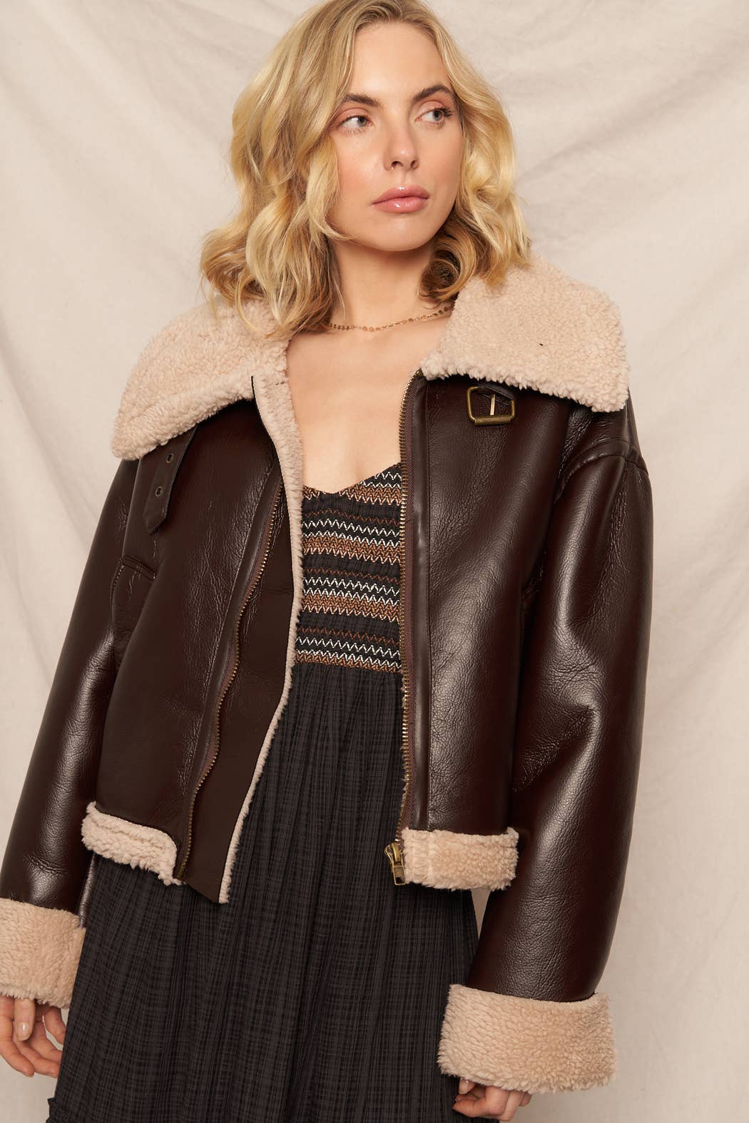 Oversized Faux Leather Aviator Jacket with Sherpa Trim: Brown / M