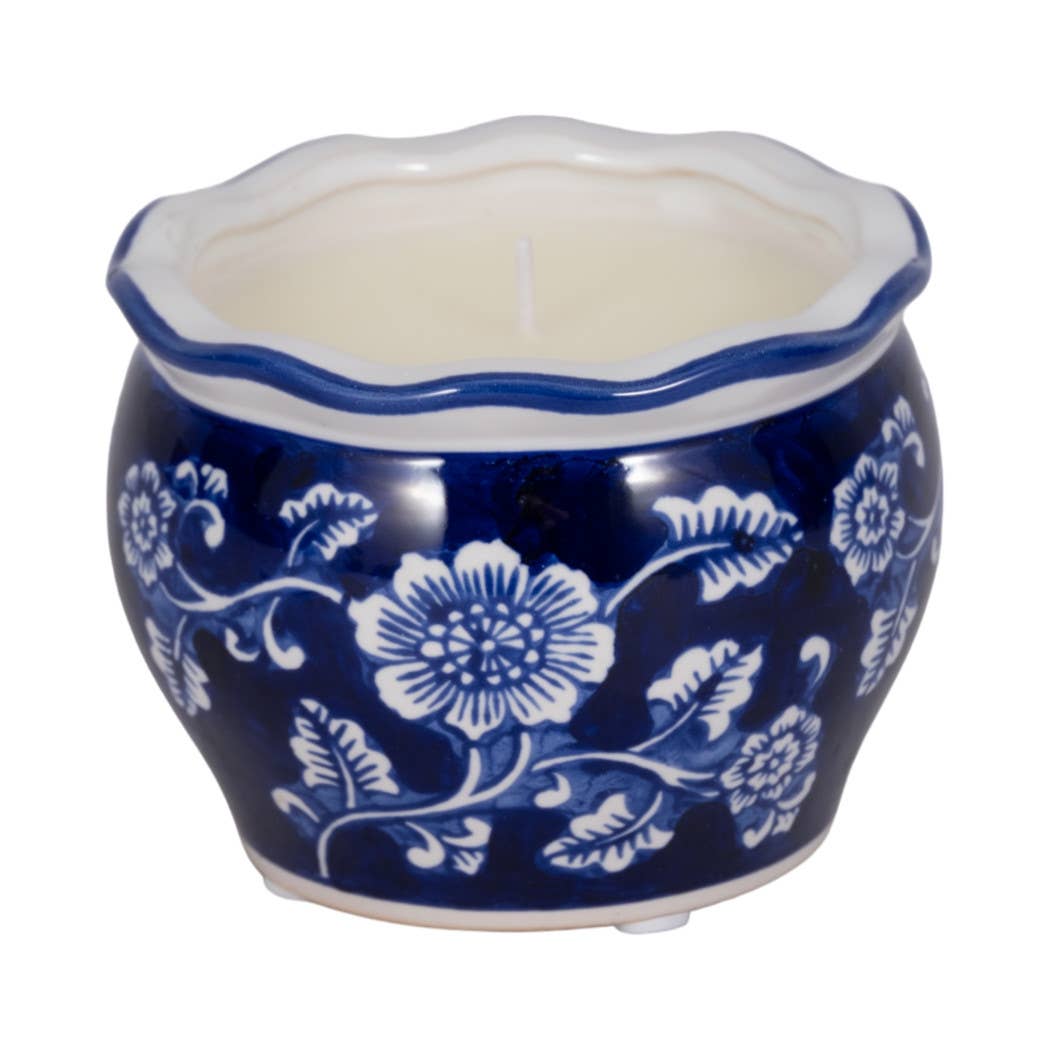 Candle - Blue/White Ceramic Chinoiserie Peony, 7 Oz