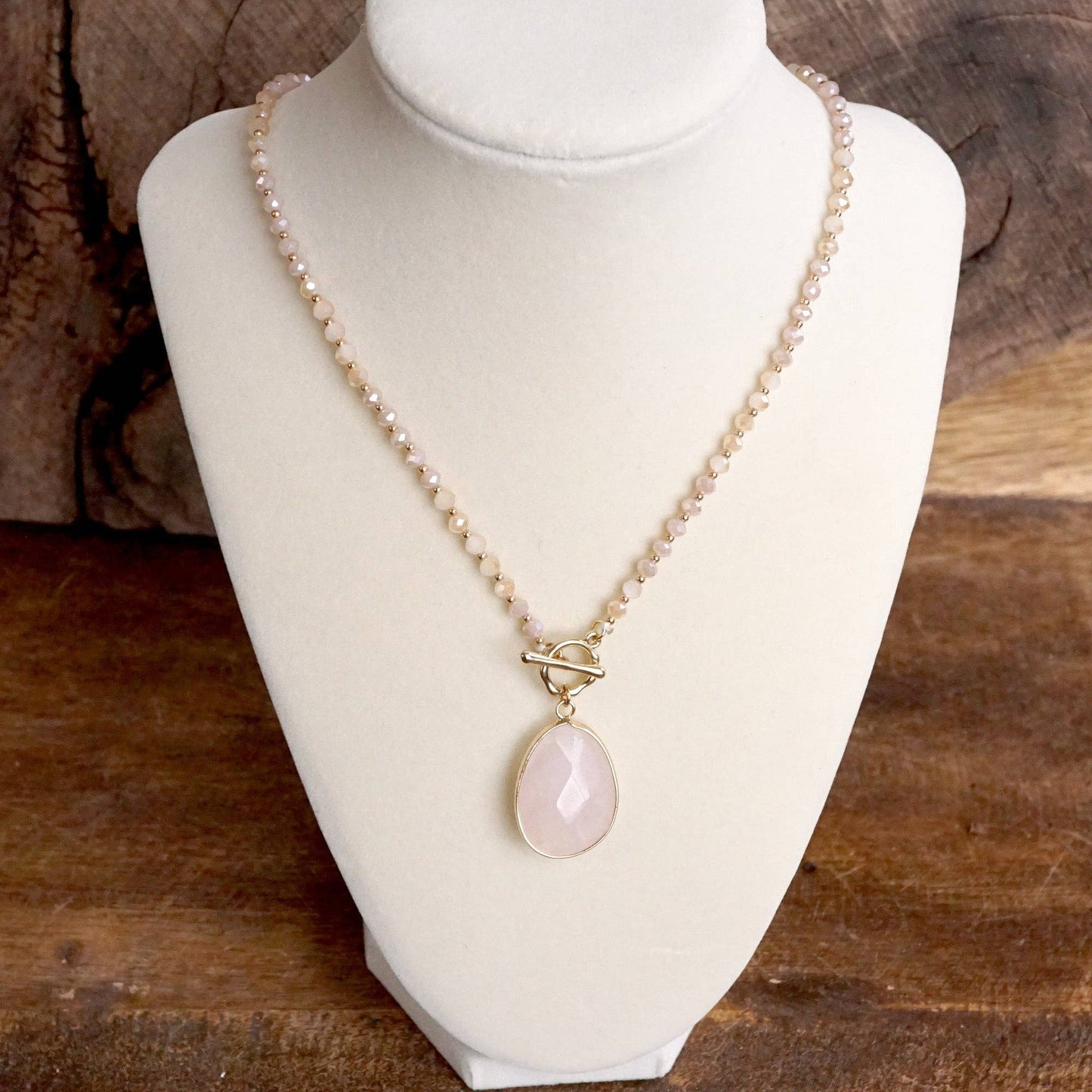 Short Beaded Necklace with Semi-Precious Teardrop Stone Pendant: Neutrals