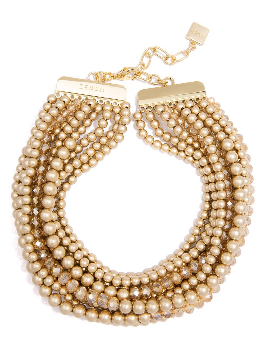 Matte Gold Metallic & Crystal Beaded Collar Necklace
