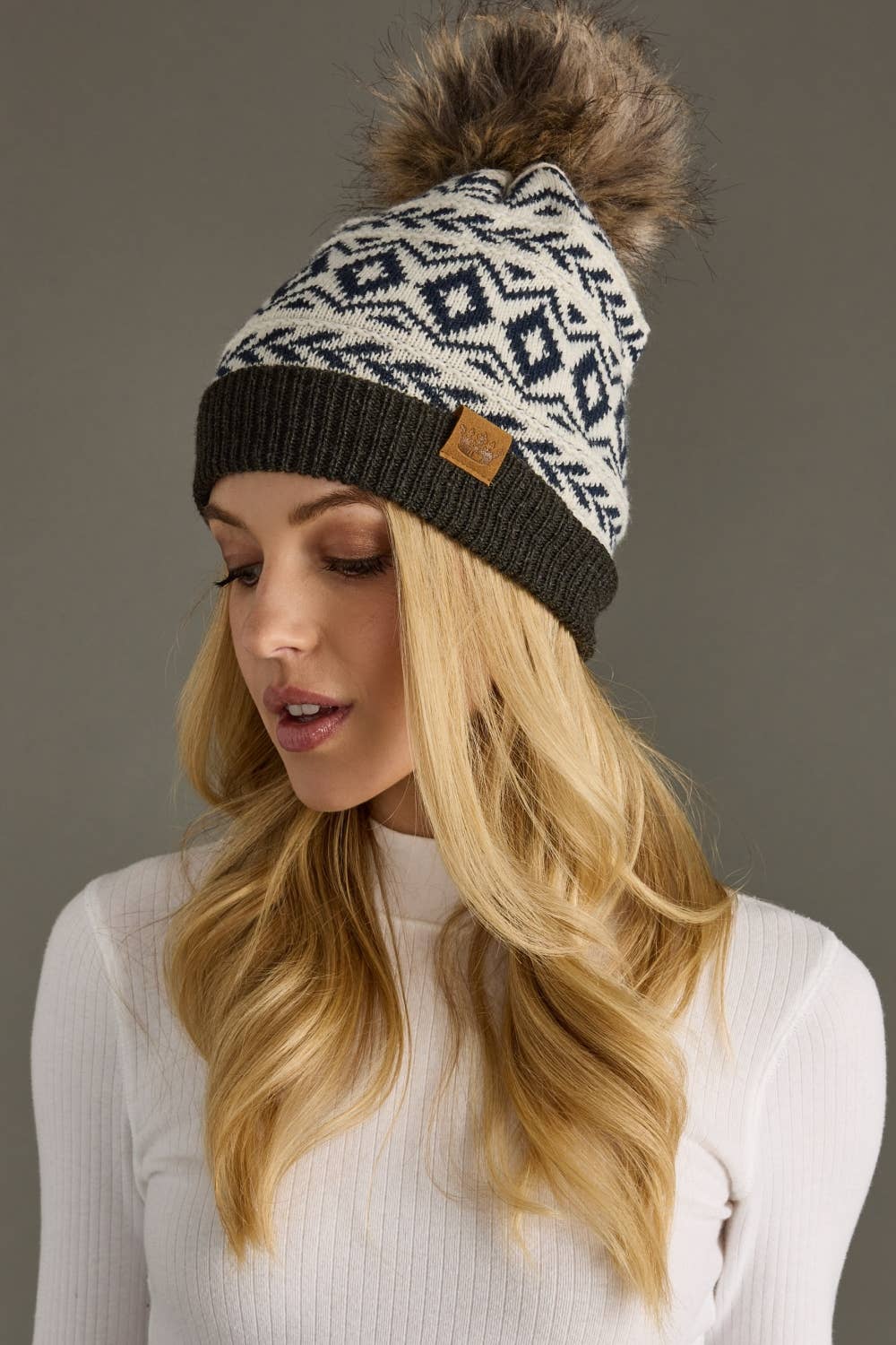Ivory, Navy & Dk. Gray Pattern Pom Hat