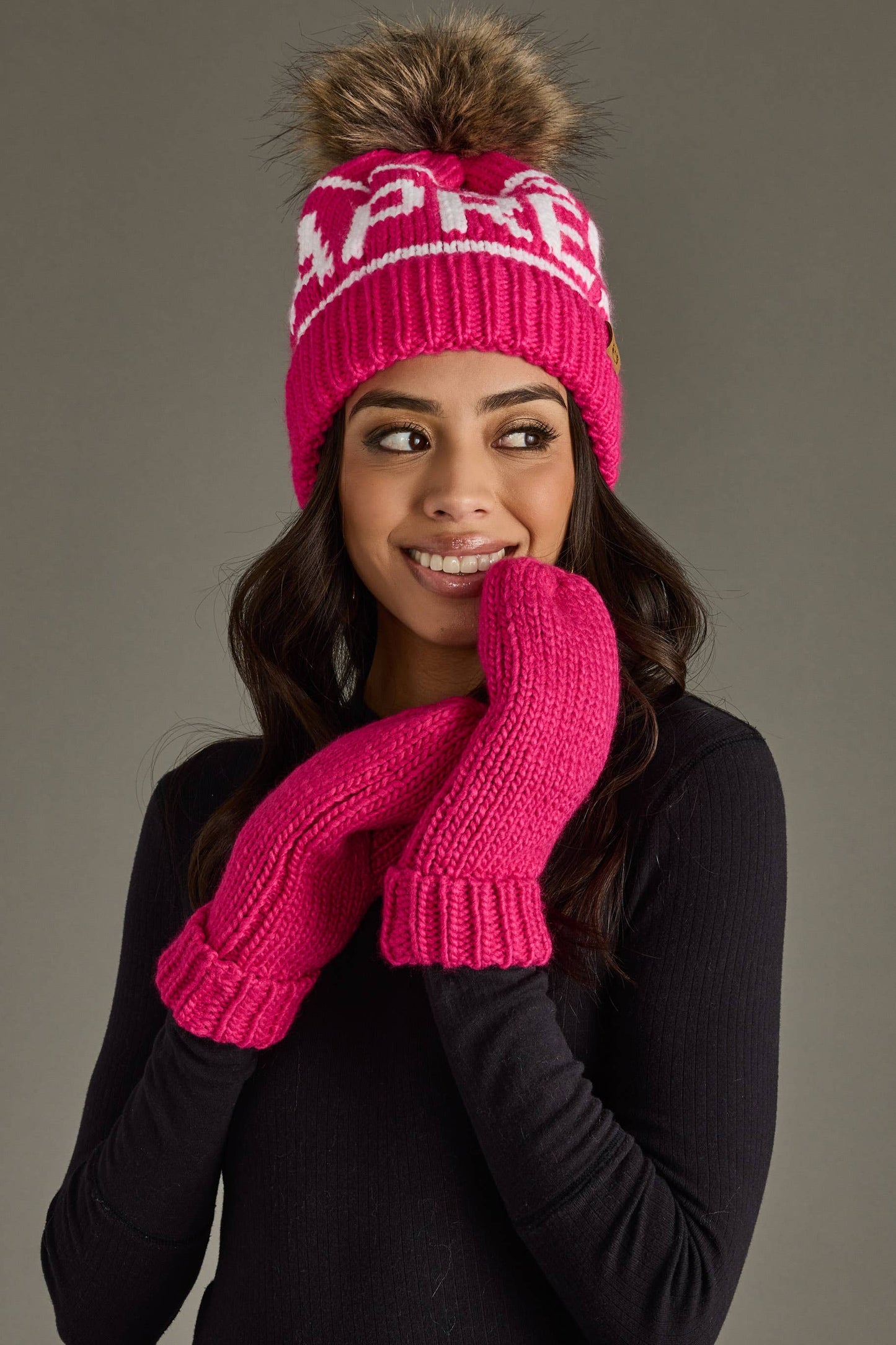 Pink & White Apres Pom Hat