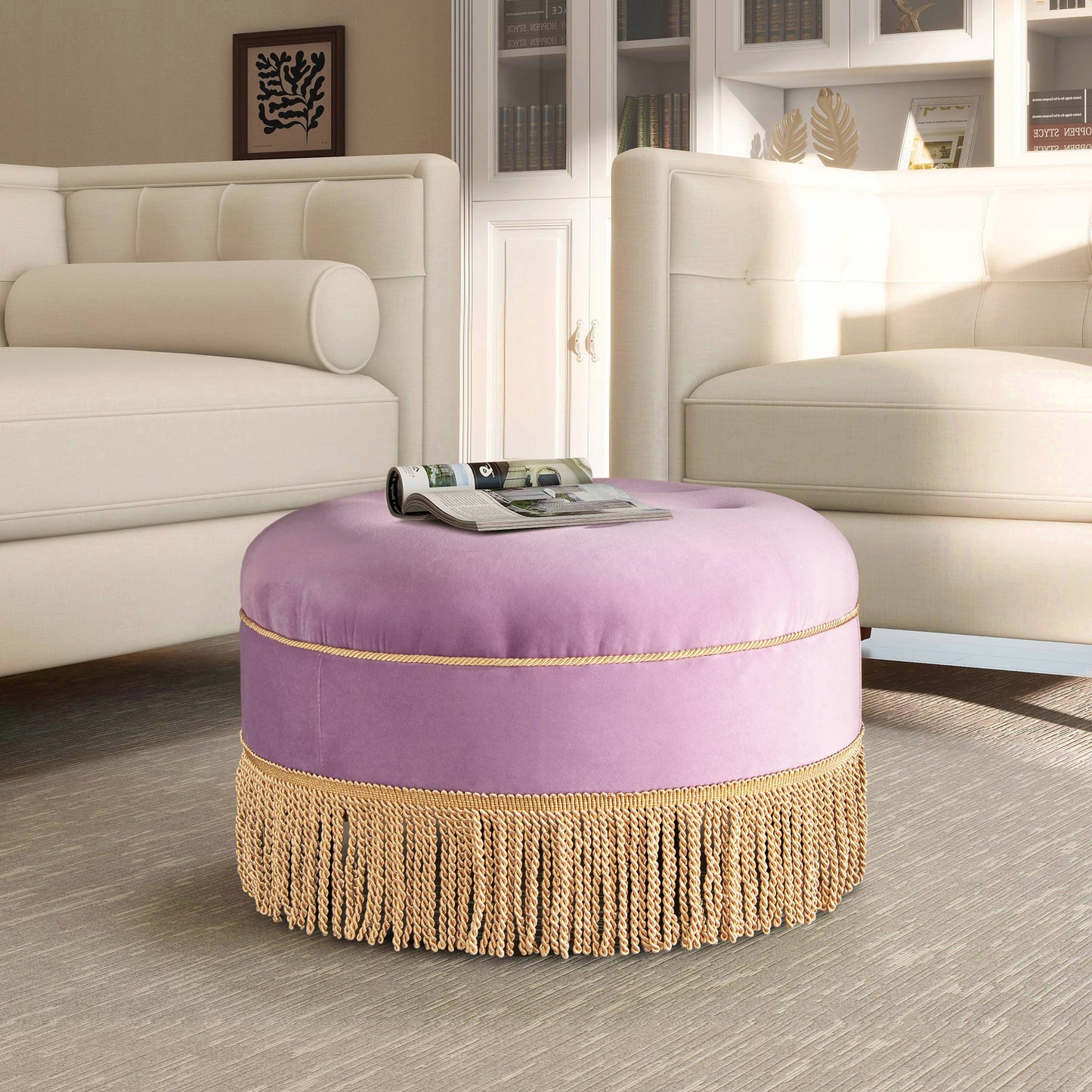 Olive Green: 24" Round Upholstered Accent Ottoman