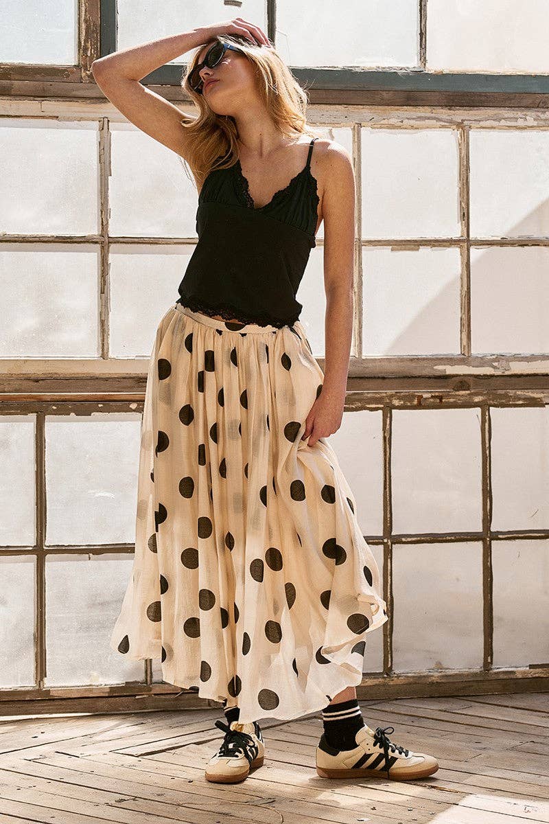 Polka Dot Pleated Midi Skirt w/Flowing Silhouette: CREAM