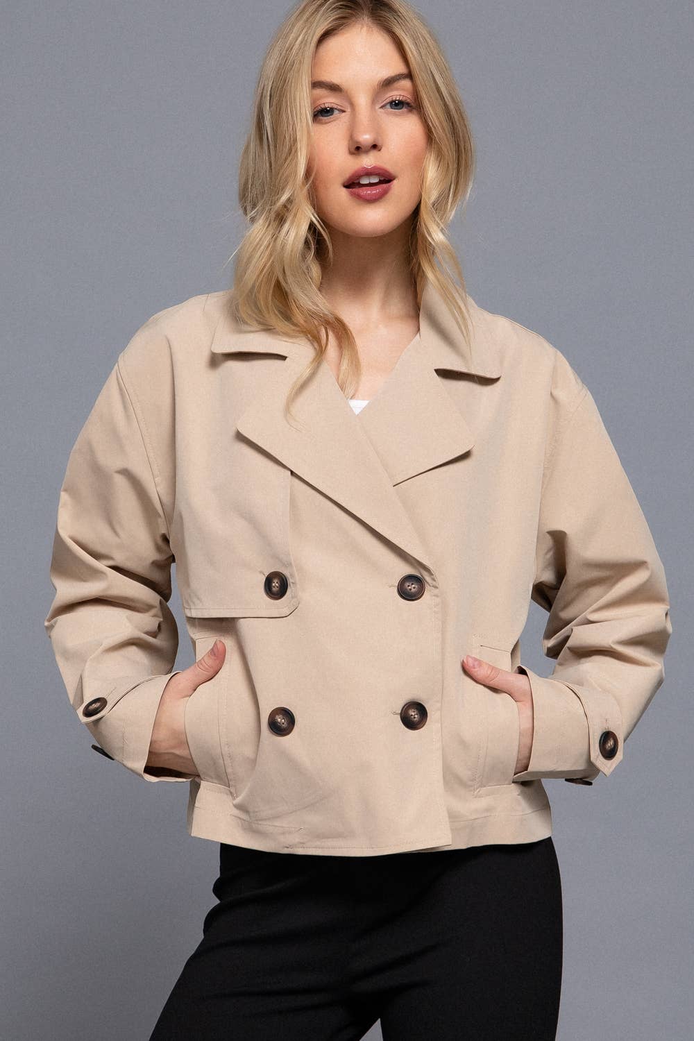 Long Sleeve Front Double Breasted Short Trench Jacket: BLK-black / L