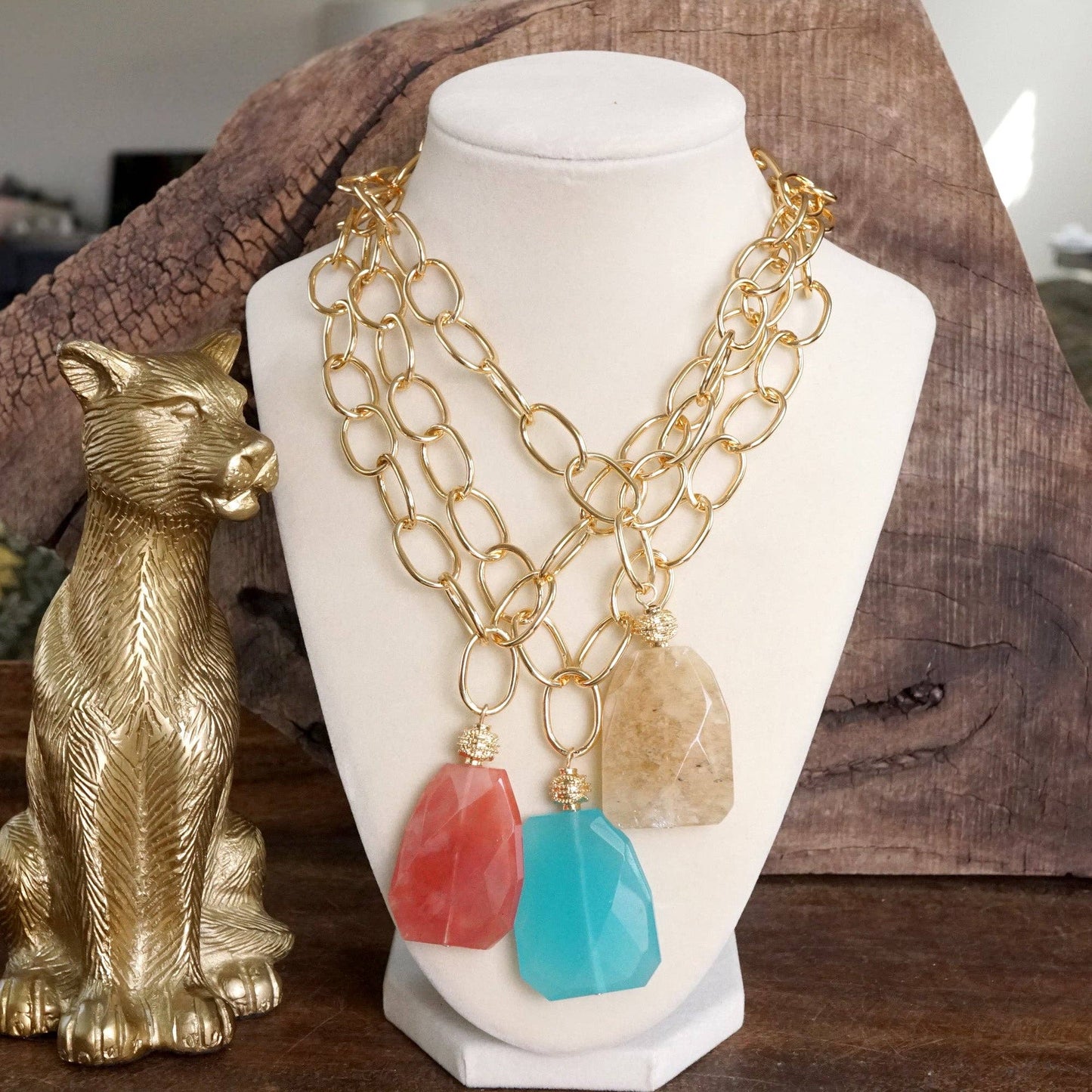Statement Natural Stone Chain necklace: Red