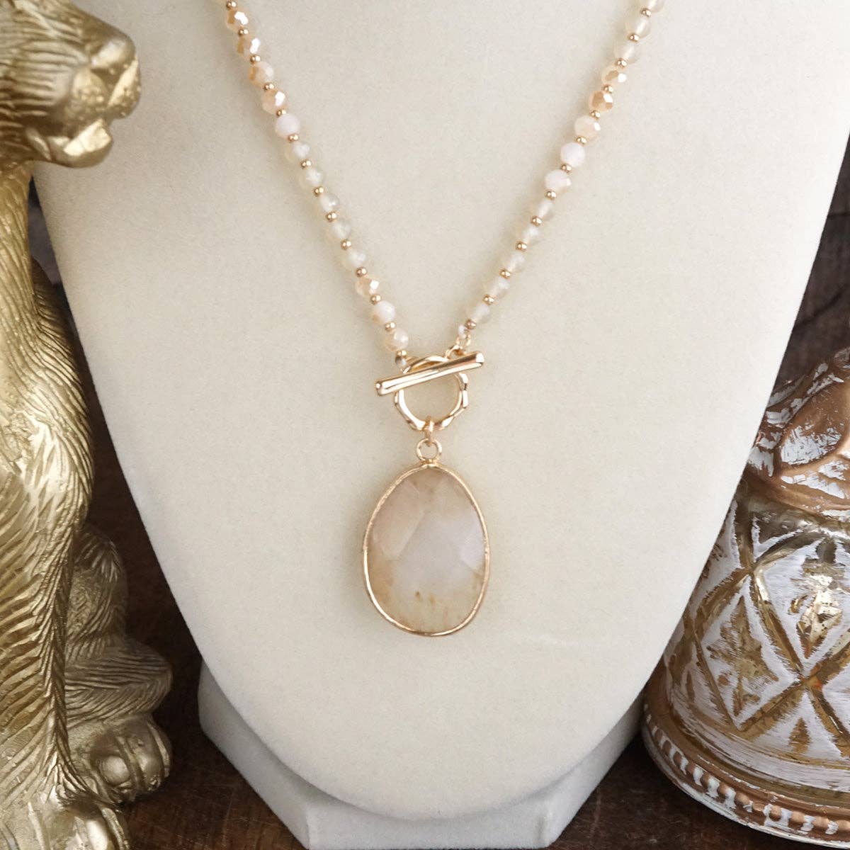 Short Beaded Necklace with Semi-Precious Teardrop Stone Pendant: Neutrals