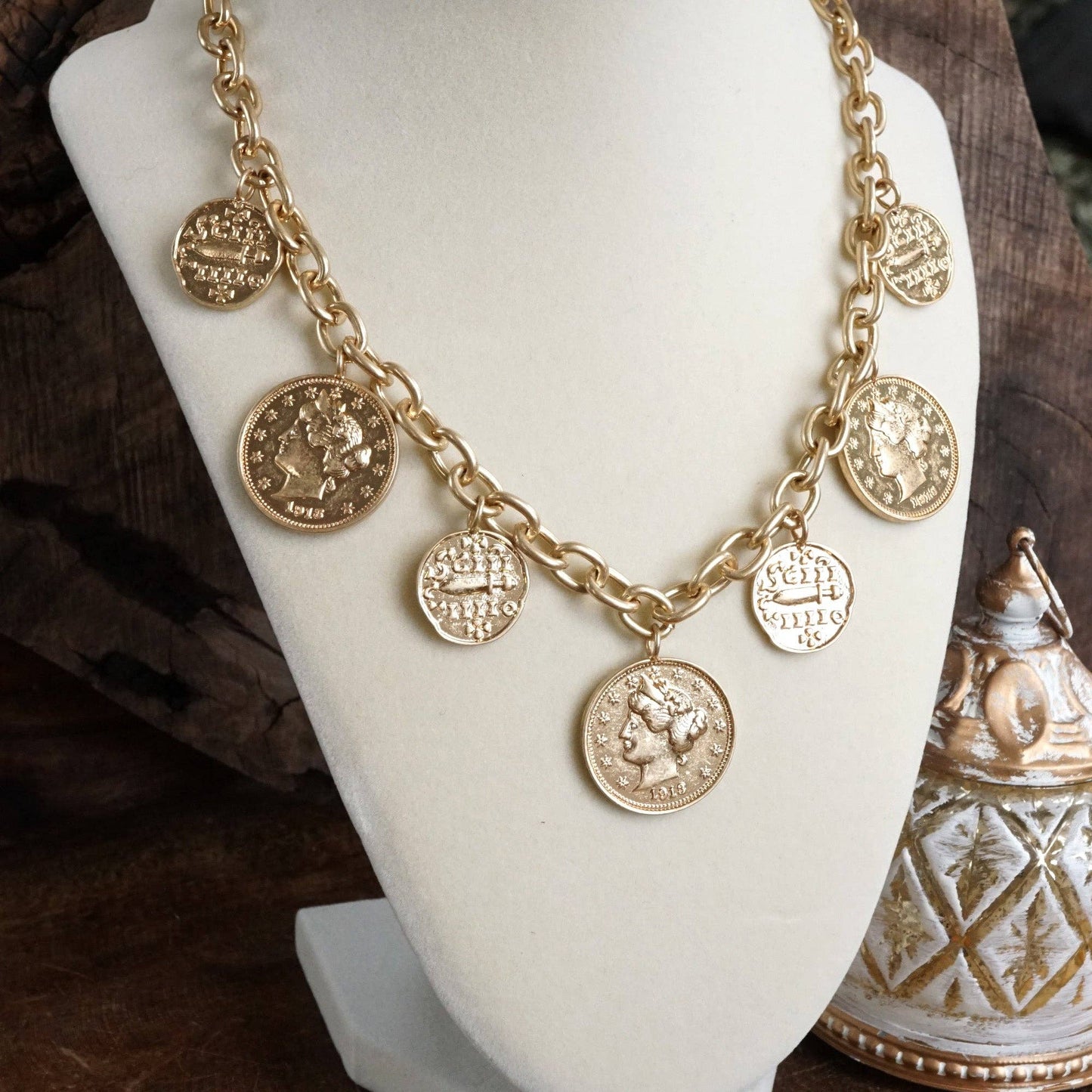 Boho Coin Charms Statement Necklace – Gold Tone