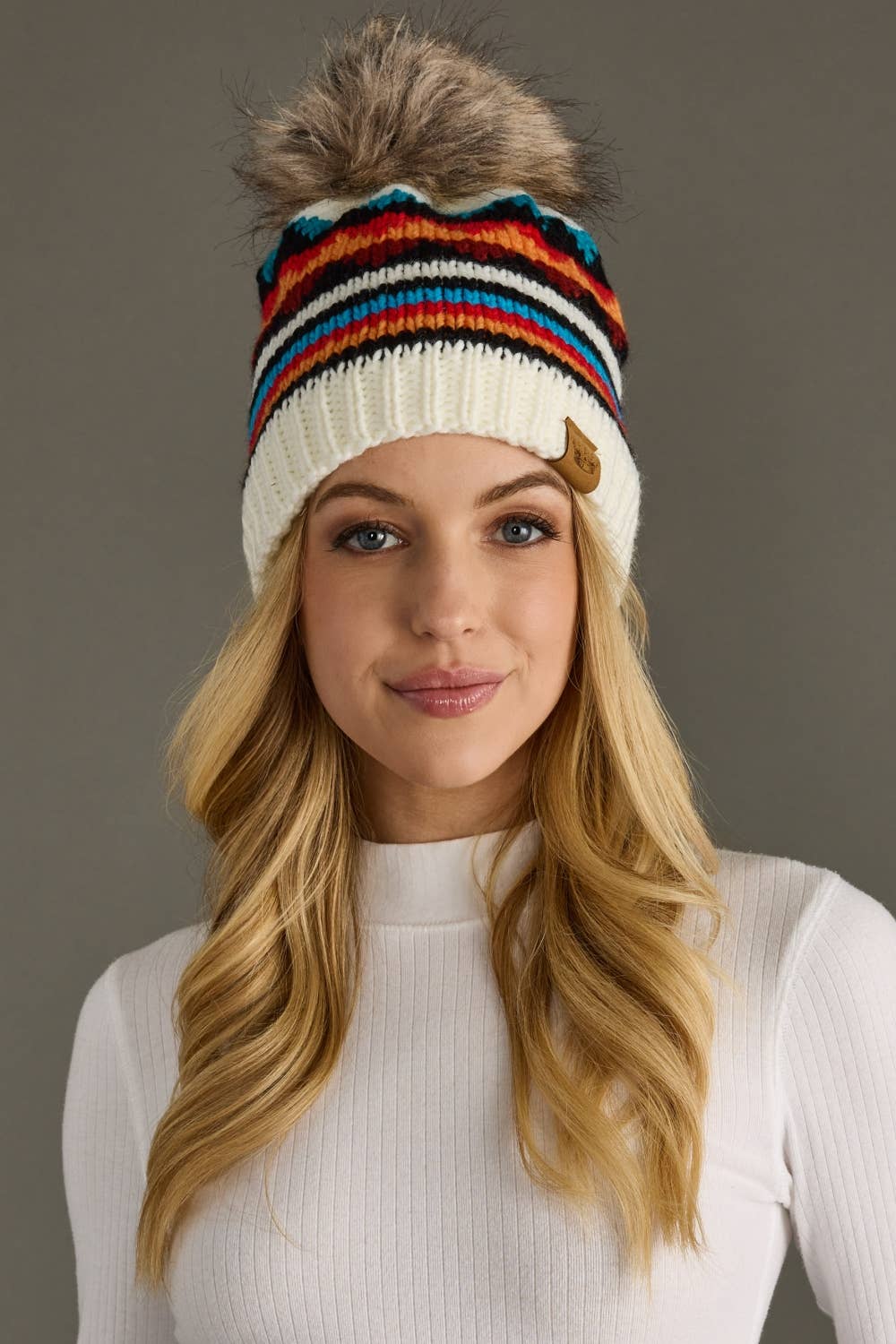 Ivory & Colorful Patterned Pom Hat