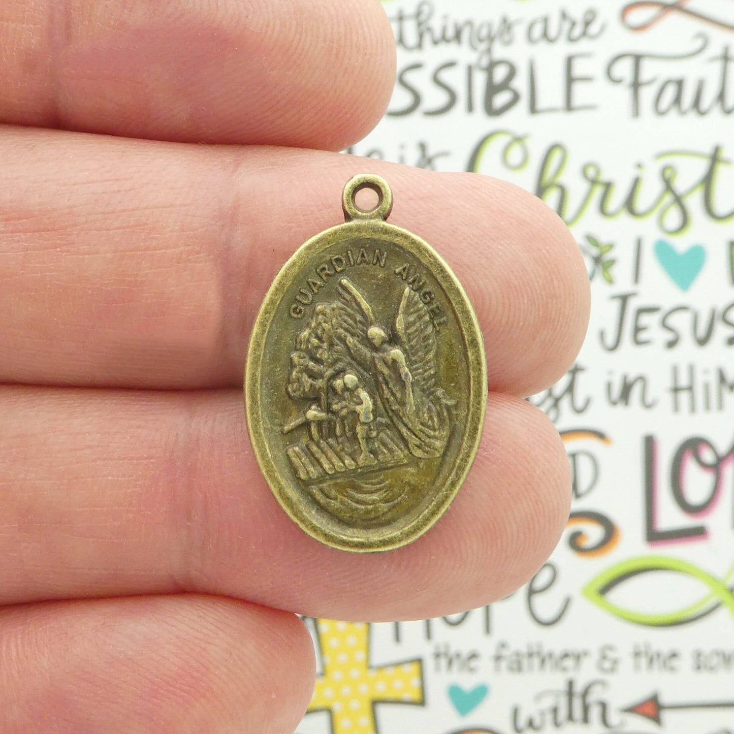 5 St Michael Charm with Guardian Angel Bronze 26x16mm by TIJC SP0709