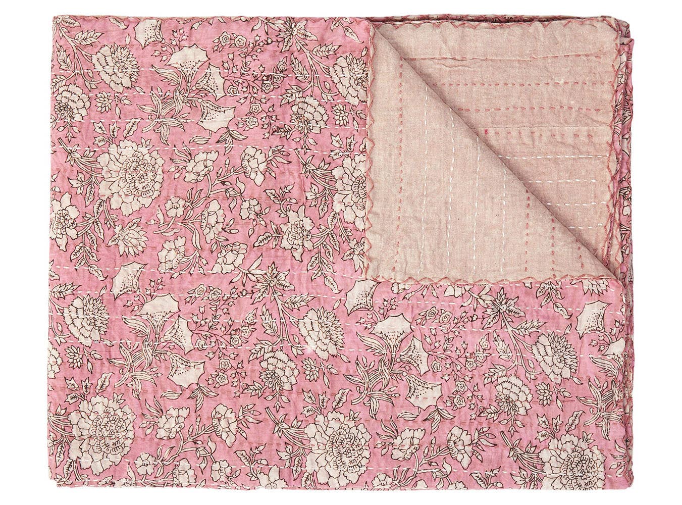 50" X  70" Pink And Blush Floral Cotton Quilted Kantha Throw Blanket with Embroidery: 50"x70"