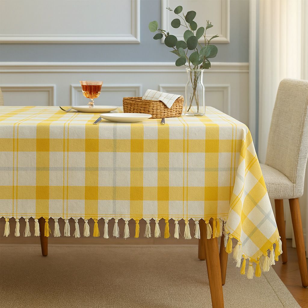 Yellow & White Plaid Cotton Blend  Tablecloth with Tassels: 56"X80"