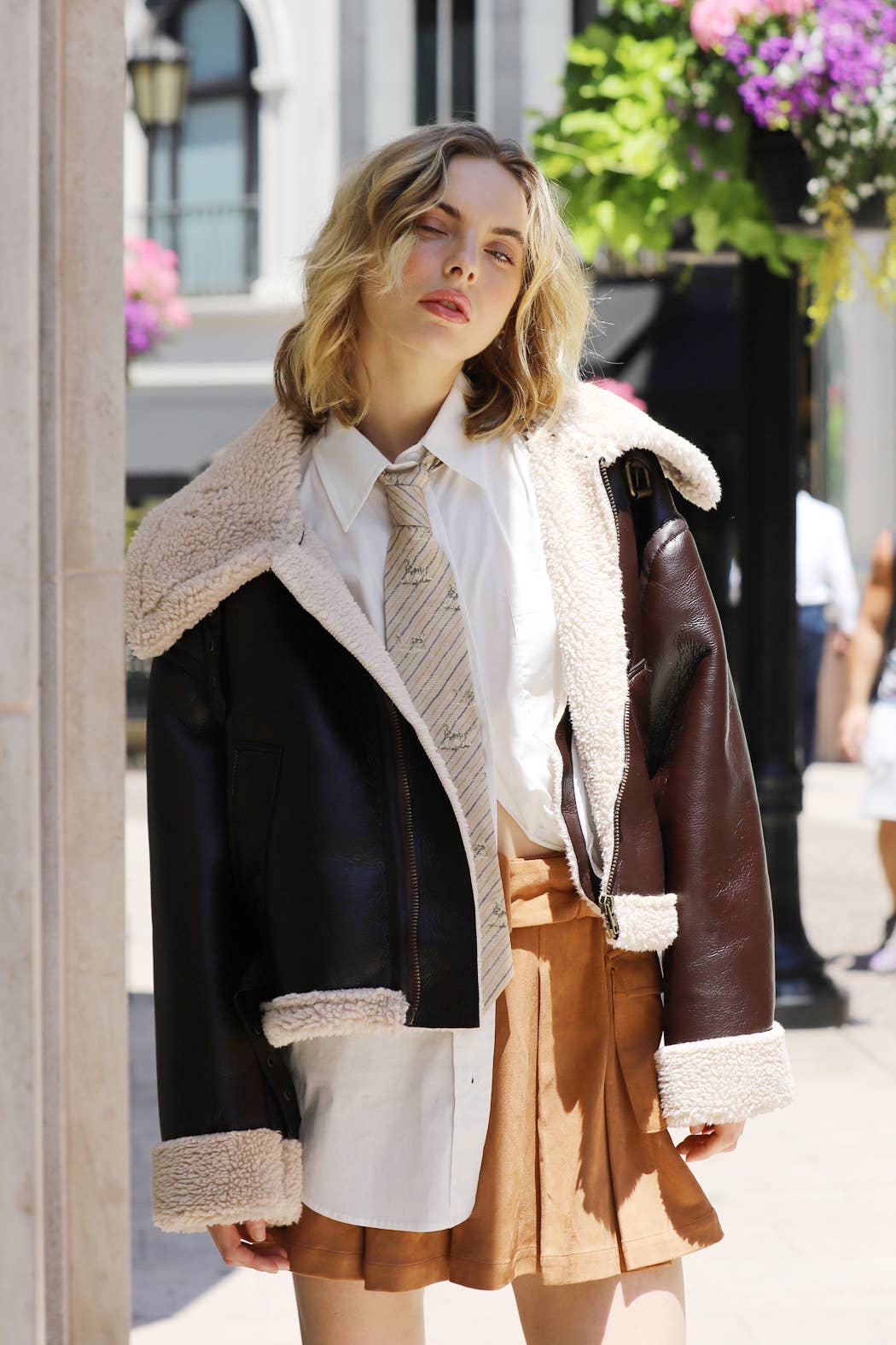 Oversized Faux Leather Aviator Jacket with Sherpa Trim: Brown / L