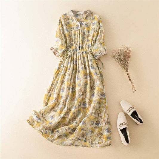 Floral Print V-Neck Maxi Dress: Yellow / M