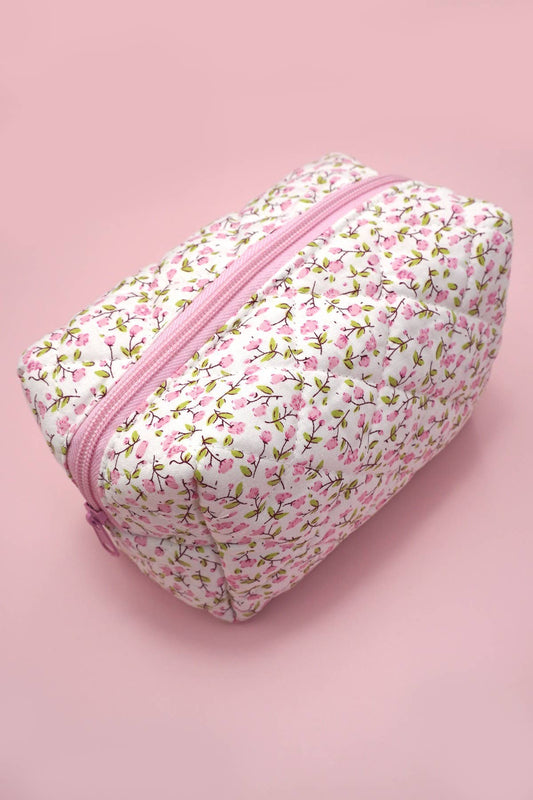 pink:  QUILTED COTTON FLORAL COSMETIC POUCH BAG
