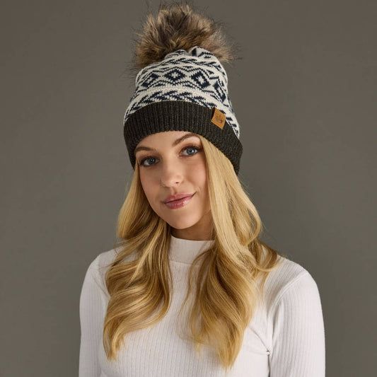 Ivory, Navy & Dk. Gray Pattern Pom Hat