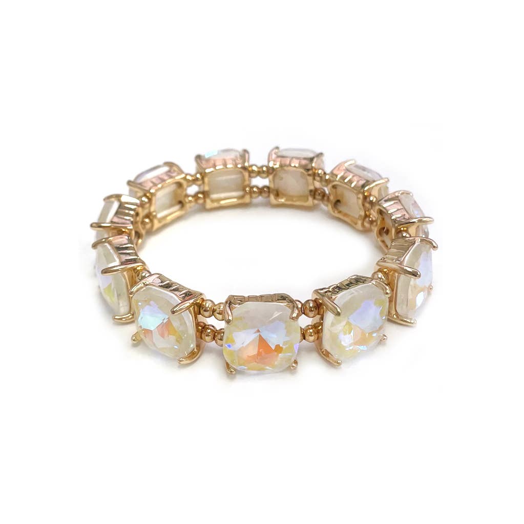 Cushion Cut Glass Crystal Linked Stretch Bracelet: MINT-AB