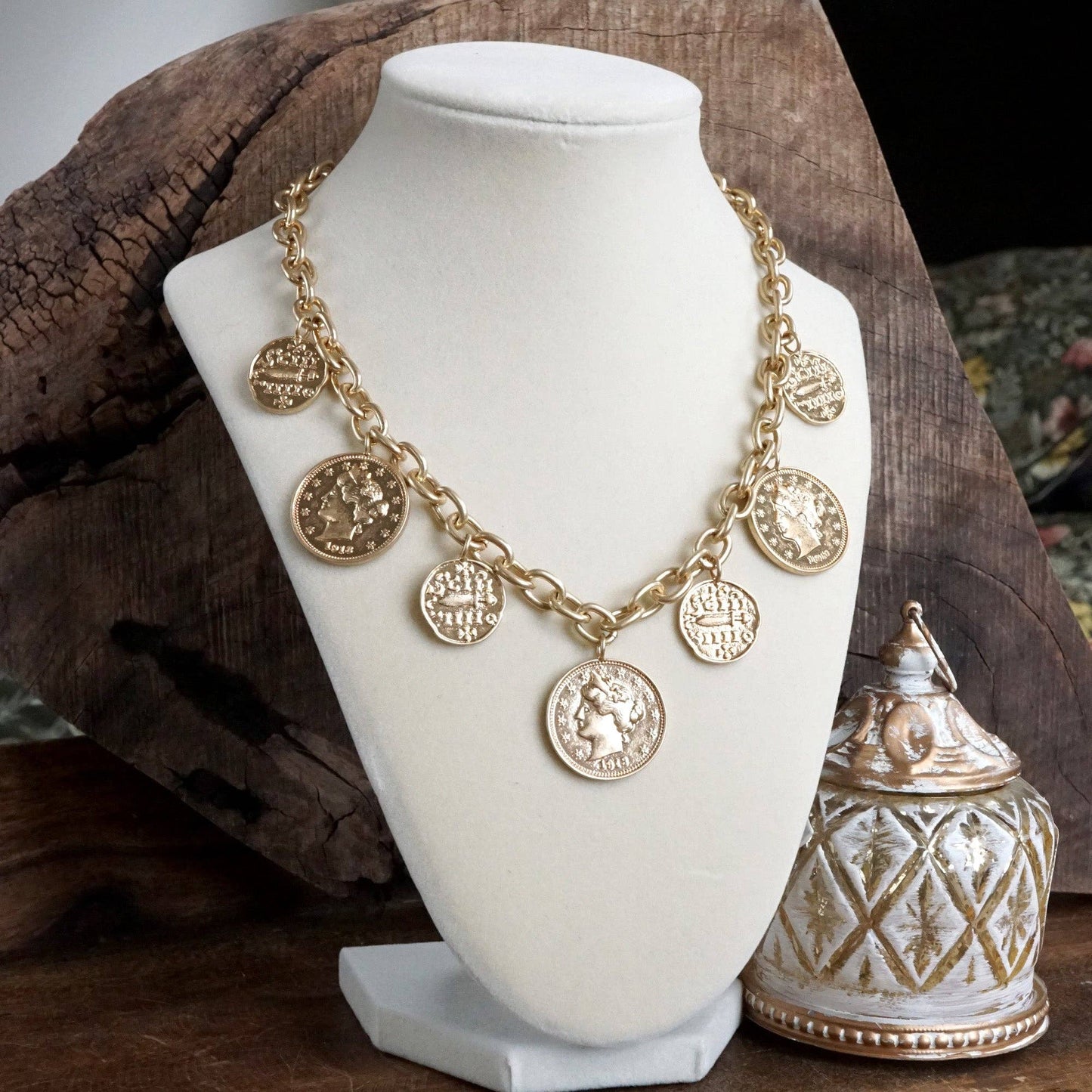 Boho Coin Charms Statement Necklace – Gold Tone