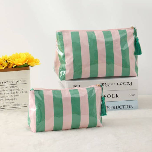 PINK GREEN:TRAVEL STRIPE COSMETIC MAKEUP POUCH BAG
