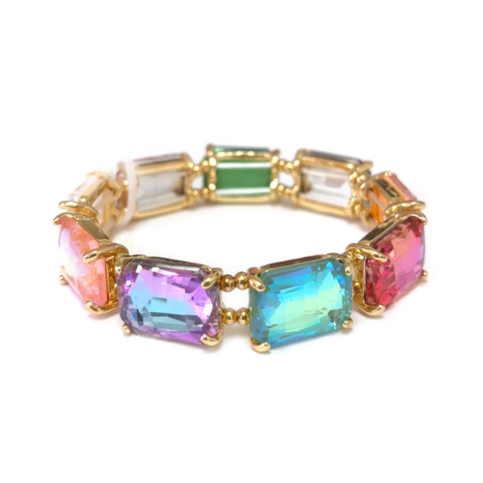Rectangular Glass Crystal Linked Stretch Bracelet: ROSE-AB