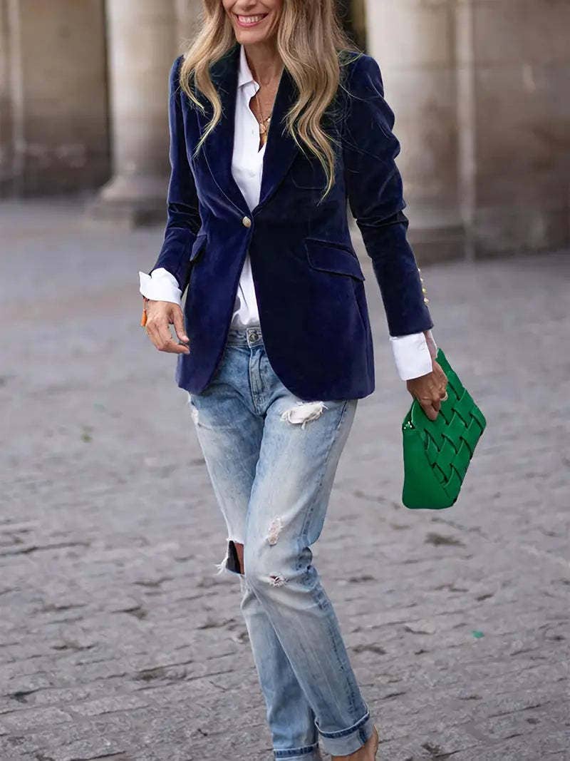 Women's Velvet Blazer One Button Elegant Office Jacket: Army Green / M