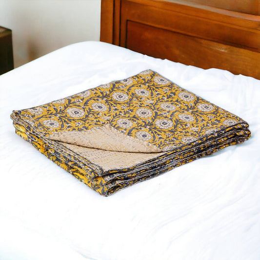 Yellow and Gray: 50" X 70"  Kantha Cotton Floral Throw Blanket