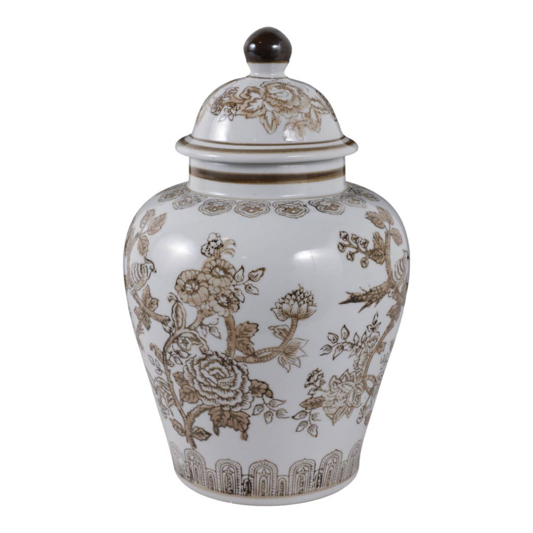 Decorative Jar - Brown/White Ceramic Chinoiserie Bird, 12 in