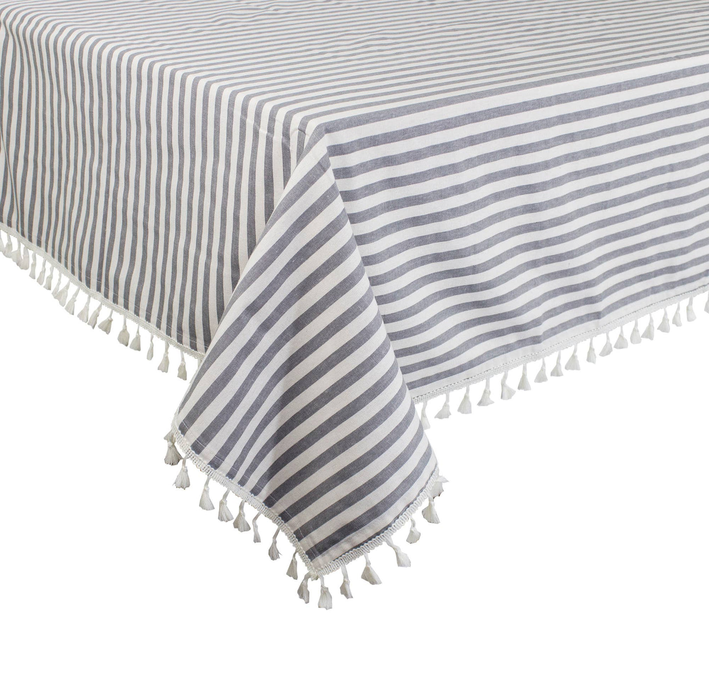 Grey Simply Striped Tasseled Cotton Blend Tablecloth