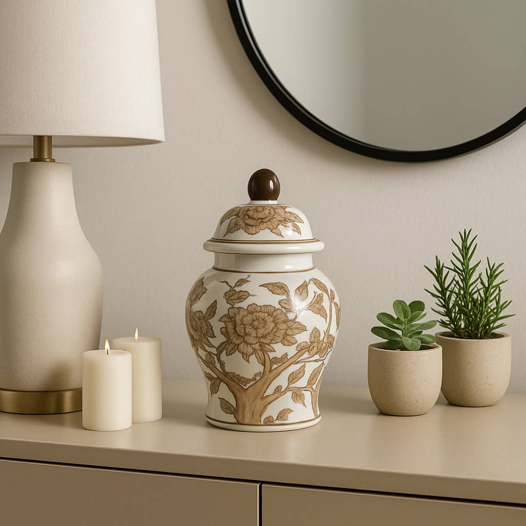 Brown Chinoiserie Lidded Jar - 8"